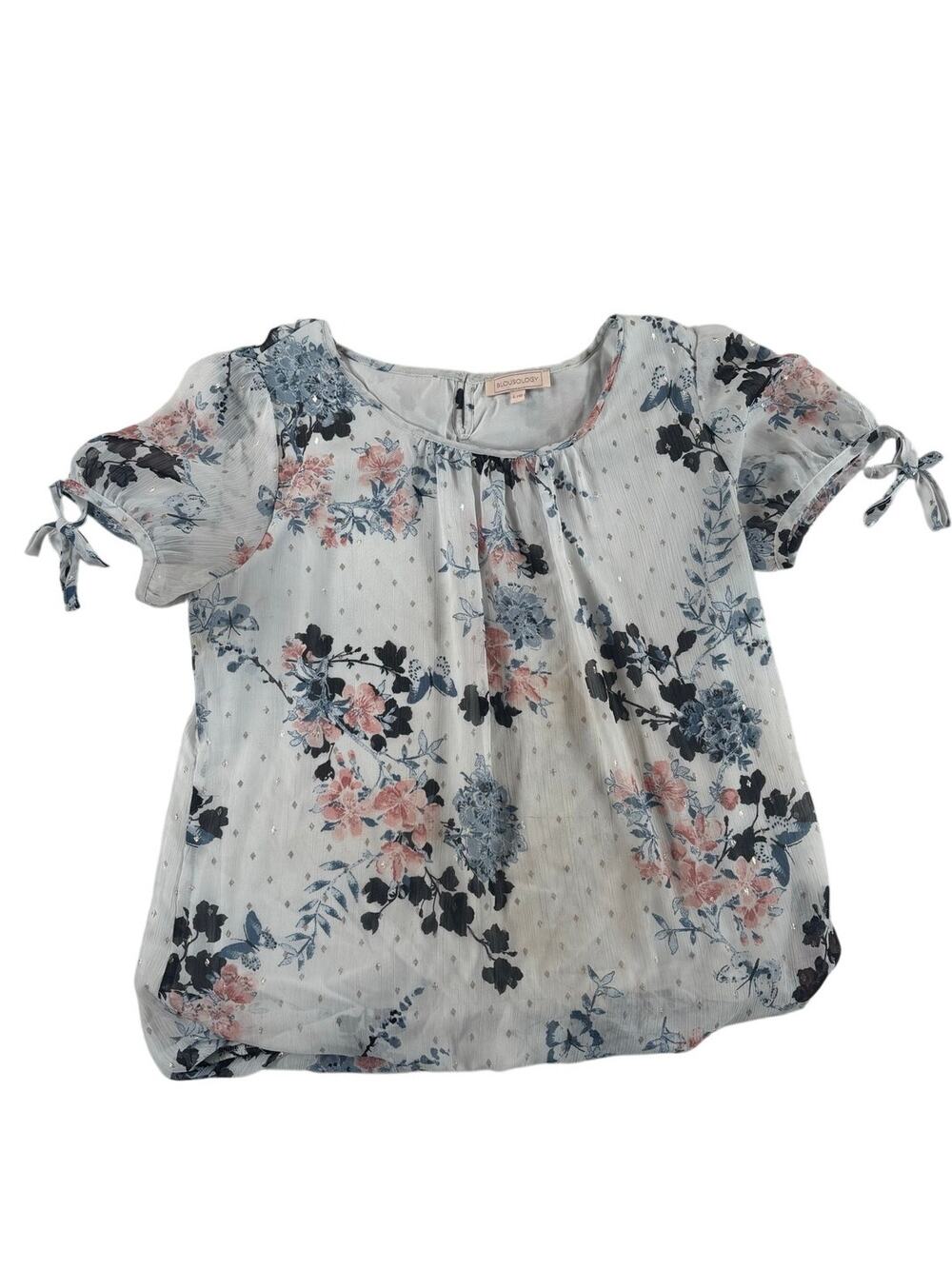 Blousology Womens Short Sleeve Blouse - White Floral Print - Large